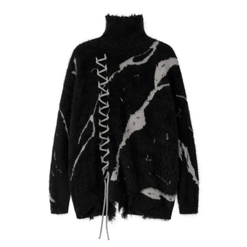 Turtleneck Sweaters Men Winter Lace-up Design Thicken Warm Pullovers Vintage Slouchy Streetwear Japanese Style Soft Personality